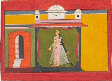 View full screen - View 1 of Lot 169. An illustration to the Rasamanjari of Bhanu Datta: A lone nayika standing in a pavilion, Attributed to Golu, India, Nurpur, circa 1715.