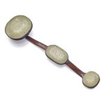 A pale celadon jade-inset 'hongmu' ‘eight auspicious emblems’ ruyi scepter, Qing dynasty, 19th century | 清十九世紀 紅木嵌青白玉雕八吉祥壽字紋三鑲如意