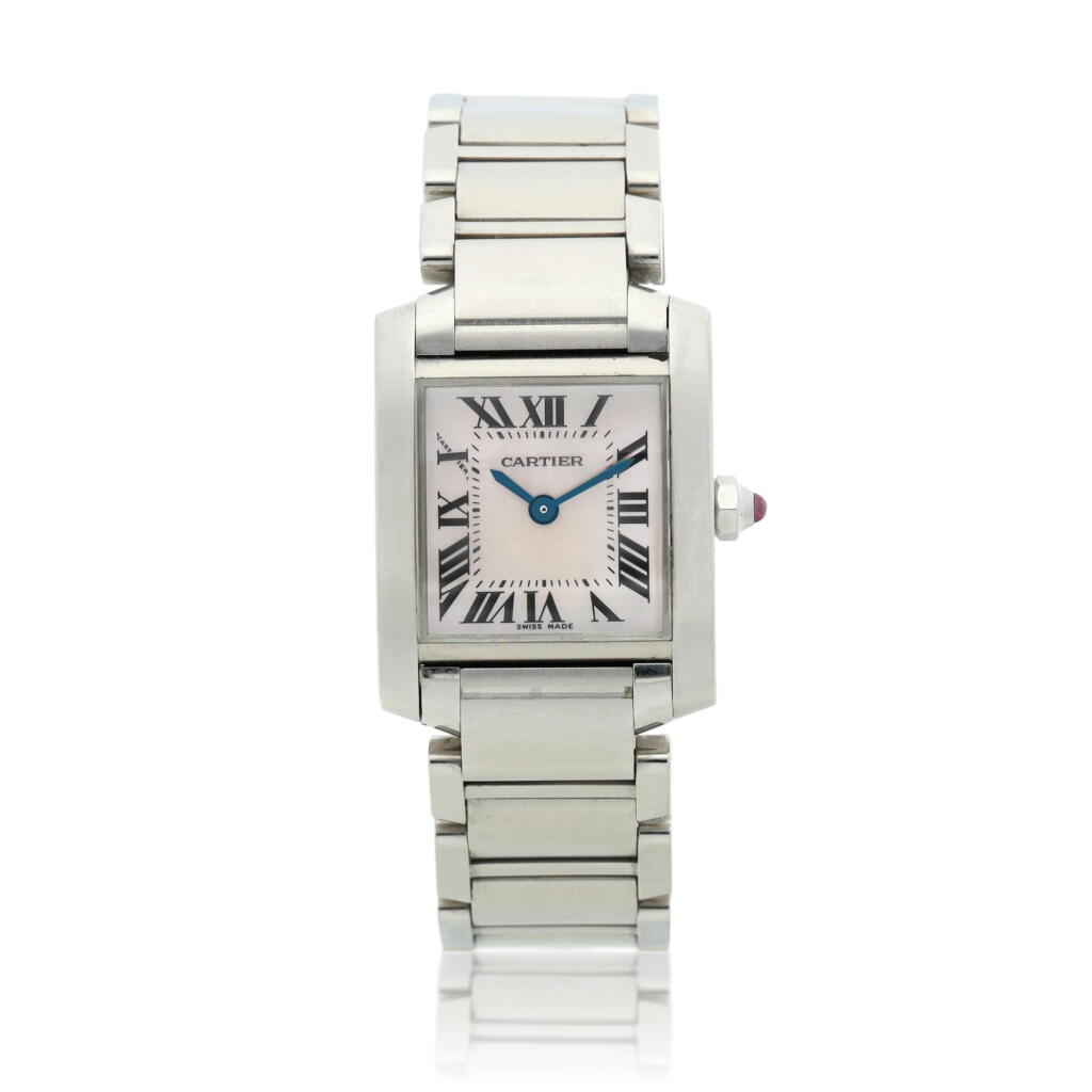 View full screen - View 1 of Lot 87. Reference 2384 Tank Francaise A stainless steel bracelet watch with mother-of-pearl dial, Circa 2005.