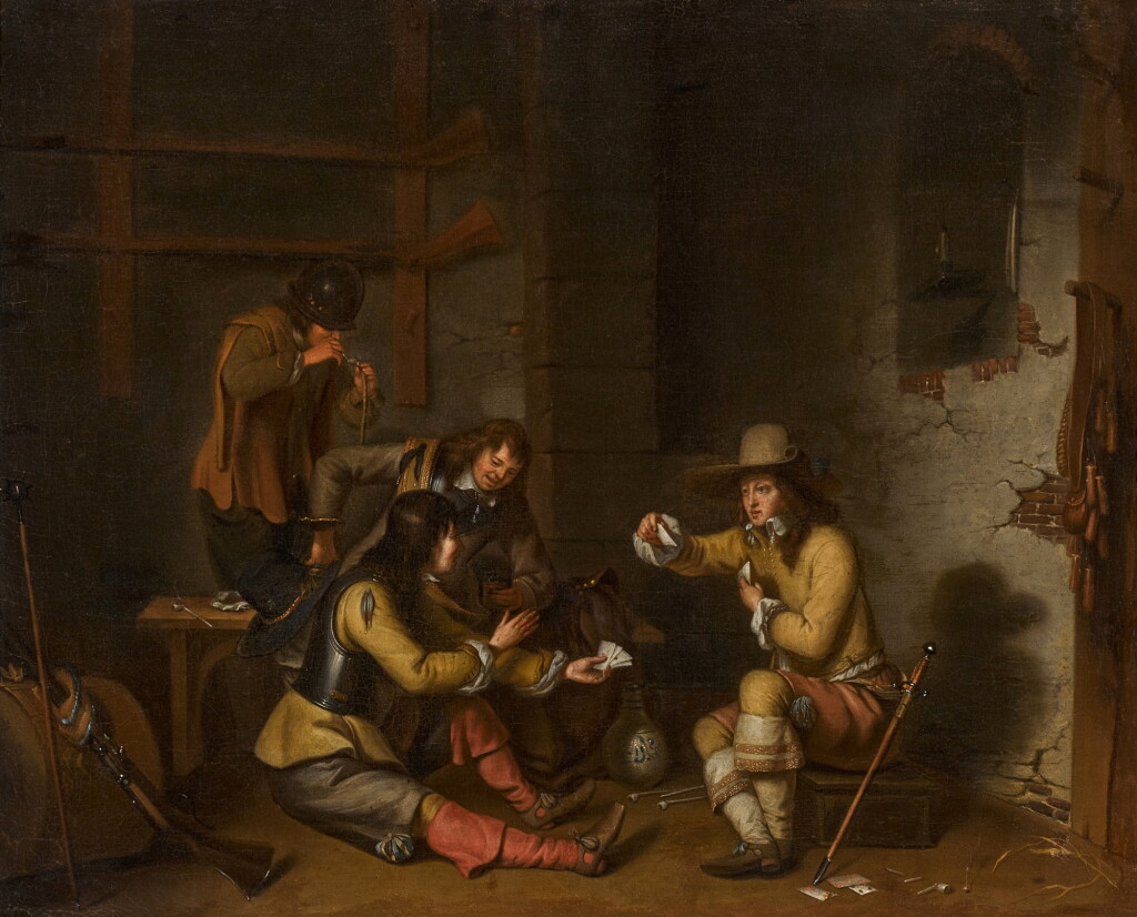View full screen - View 1 of Lot 156. Four soldiers in a guardroom smoking, drinking and playing cards.