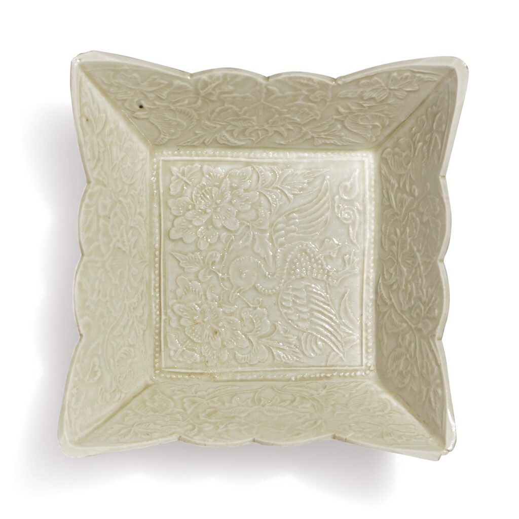 View full screen - View 1 of Lot 697. A WHITE-GLAZED MOLDED 'DUCK' SQUARE DISH, LIAO DYNASTY.