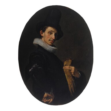 View full screen - View 1 of Lot 16. Portrait of a young man holding his gloves and wearing a tall hat, his arm akimbo.