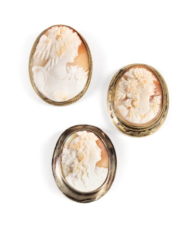 View full screen - View 1 of Lot 360. Three shell cameo brooches.