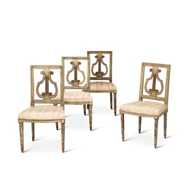 View full screen - View 1 of Lot 1017. A set of four Louis XVI lacquered wood chairs, circa 1780 | Suite de quatre chaises en bois laqué d'époque Louis XVI, vers 1780.