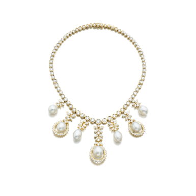 View full screen - View 1 of Lot 813. Cultured pearl and diamond necklace.