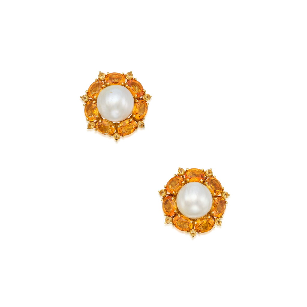 View full screen - View 1 of Lot 453. Pair of Cultured Pearl and Citrine Earclips.