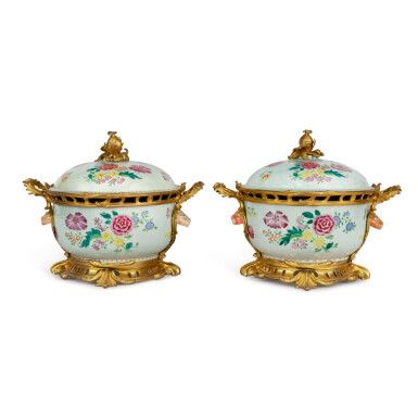 View full screen - View 1 of Lot 187. A PAIR OF LOUIS XV GILT BRONZE-MOUNTED CHINESE EXPORT FAMILLE-ROSE TUREENS AND COVERS, THE PORCELAIN CIRCA 1770, THE MOUNTS CIRCA 1825.