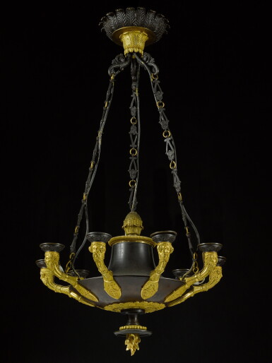 View full screen - View 1 of Lot 97. A Charles X gilt and patinated bronze nine-light chandelier, first quarter 19th century.