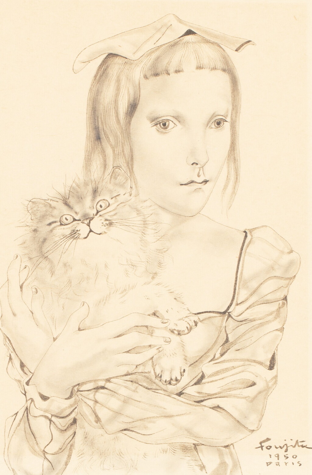 View full screen - View 1 of Lot 2. LÉONARD FOUJITA | JEUNE FILLE PORTANT UN CHAT .