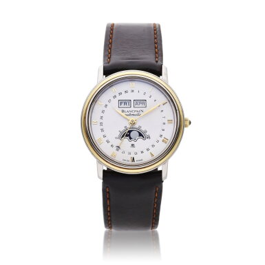 View full screen - View 1 of Lot 136. A stainless steel and yellow gold automatic triple calendar wristwatch with moon phases, Circa 1995 .