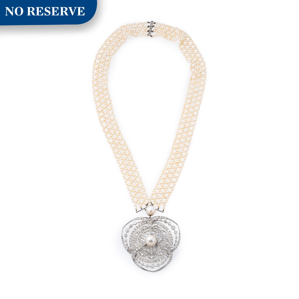 View full screen - View 1 of Lot 44. NATURAL PEARL AND DIAMOND SAUTOIR.