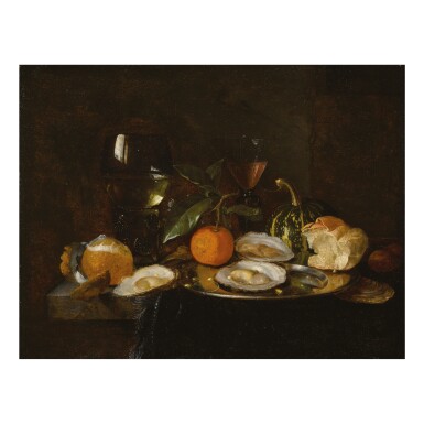 View full screen - View 1 of Lot 51. CIRCLE OF JAN DAVIDSZ. DE HEEM | STILL LIFE WITH A ROEMER, A WINE GLASS, OYSTERS, AN ORANGE, A MELON, AND A ROLL, ALL ON A TABLE DRAPED IN A CLOTH .