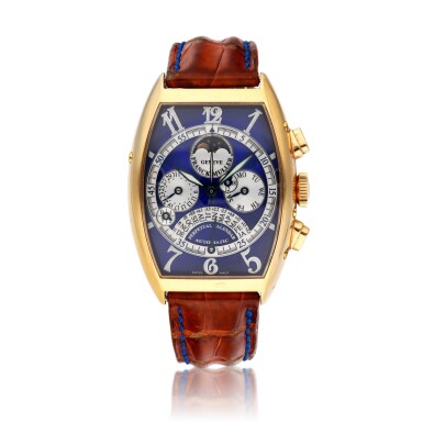 View full screen - View 1 of Lot 162. Reference 6850 QPE, A yellow gold perpetual calendar chronograph wristwatch with 24 hour indication, Circa 1995.