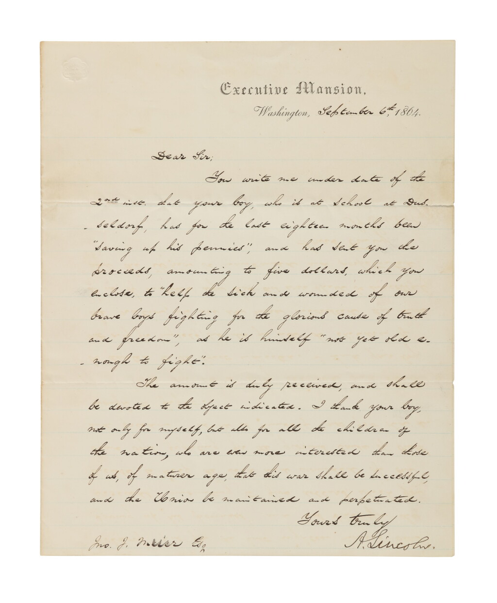 View full screen - View 1 of Lot 508. Lincoln, Abraham | The President thanks a schoolboy on behalf of "all the children of the nation for his efforts to ensure "that this war shall be successful, and the Union be maintained and perpetuated.".