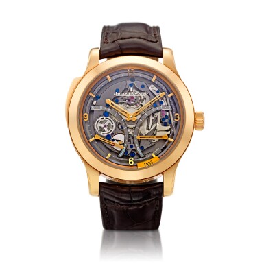 View full screen - View 1 of Lot 82. Reference 151.2.67.S Antoine LeCoultre Master Minute Repeater, A limited edition pink gold skeletonized minute repeating wristwatch with power reserve and torque indication, Circa 2011 積家 151.2.67.S 型號 Antoine LeCoultre Master Minute Repeater 限量版粉紅金鏤空五分問腕錶備動力儲存及扭矩力顯示,約2011年製.