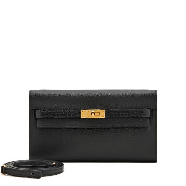View full screen - View 1 of Lot 180. Limited Edition Black Epsom and Alligator Touch Kelly-To-Go Wallet Gold Hardware, 2021.
