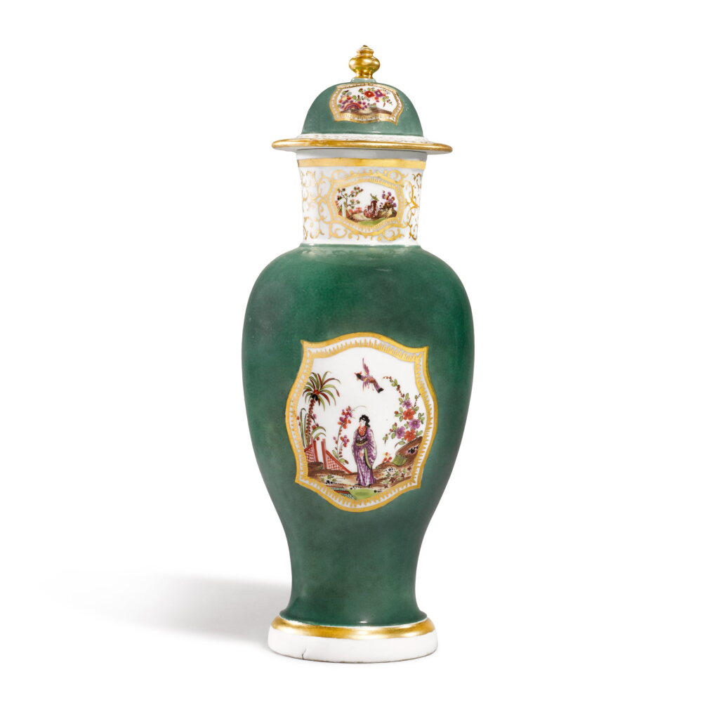 View full screen - View 1 of Lot 62. A Meissen Augustus Rex green-ground baluster vase and cover, circa 1730.