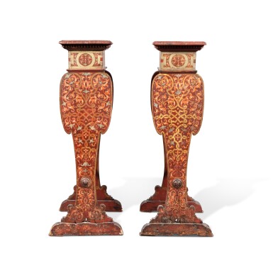 View full screen - View 1 of Lot 107. A pair of polychrome painted wood sgabelloni, central Italy, late 16th century | Paire de piédestaux en bois peint, centre de l’Italie, fin XVIe siècle.