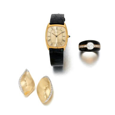 View full screen - View 1 of Lot 155. Yellow gold wristwatch Piaget, ring and earclips Scavia (Orologio Piaget, Ref. 9691, 1975, anello e orecchini, Scavia).