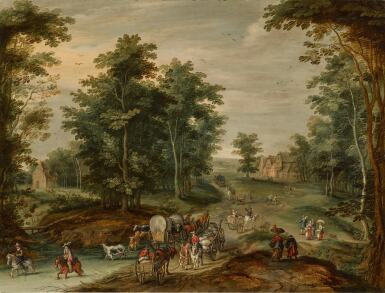 View full screen - View 1 of Lot 192. Wooded landscape with travellers, a covered wagon, cattle and horsemen crossing a ford, a village in the distance.