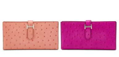 View full screen - View 1 of Lot 7906. Set of 2 Terre Cuite Ostrich Bearn Wallet Palladium Hardware, 2016 and Rose Pourpre Ostrich Bearn Wallet Palladium Hardware, 2017.