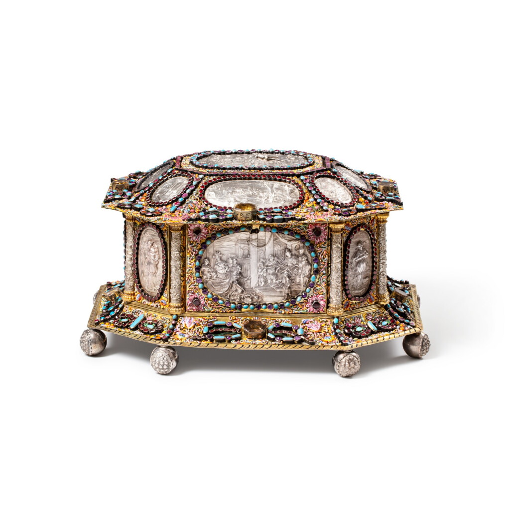 View full screen - View 1 of Lot 273. The Rothschild jewelled silver-gilt casket; the large octagonal casket, Hans Jakob Mair, the silver reliefs, Lorenz I Biller, Augsburg, circa 1663.