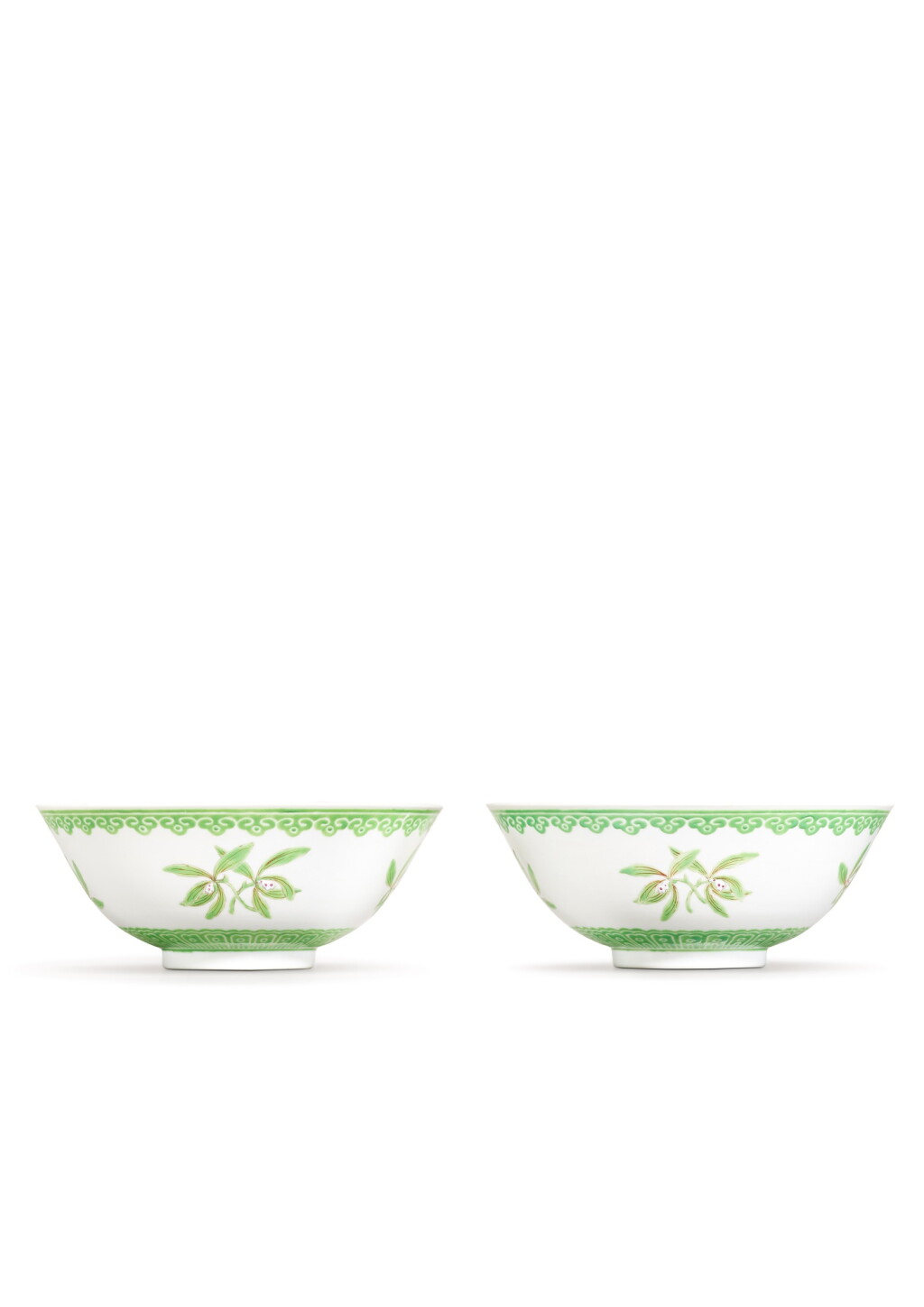 View full screen - View 1 of Lot 3705. A pair of green-enamelled 'orchid' bowls, Seal marks and period of Jiaqing | 清嘉慶 綠彩折枝蘭紋盌一對 《大清嘉慶年製》款.