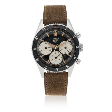 View full screen - View 1 of Lot 47. HEUER | 'BIG REGISTER' AUTAVIA, REF 2446 STAINLESS STEEL CHRONOGRAPH WRISTWATCH WITH FIRST EXECUTION DIAL CIRCA 1962.