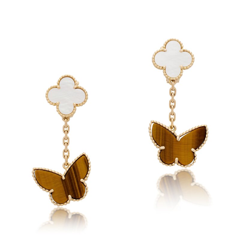 Gold, Mother of Pearl and Tiger's Eye Quartz Lucky Alhambra Drop Earclips