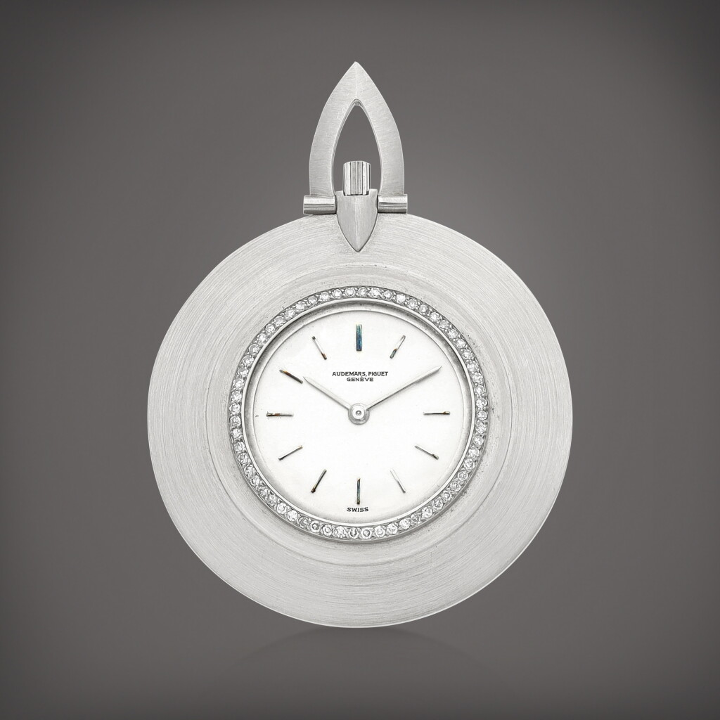 View full screen - View 1 of Lot 892. A white gold and diamond-set openface keyless watch, Circa 1970 | 愛彼 | 白金鑲鑽石懷錶,約1970年製.