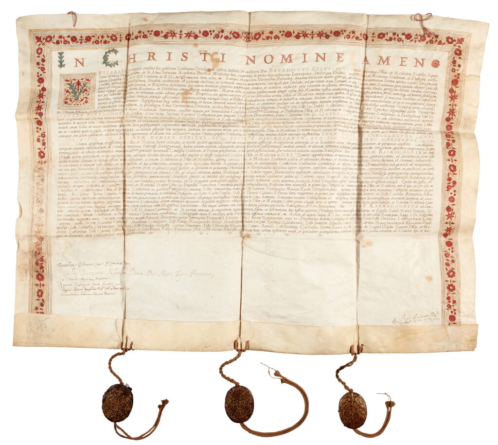 View full screen - View 1 of Lot 79. University of Padua, Large vellum document issued to Joannes Rienschovius, dated 1636, with 3 seals.