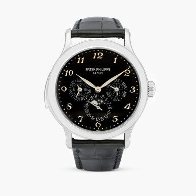 View full screen - View 1 of Lot 2419. Reference 5374 | A platinum minute repeating perpetual calendar wristwatch with cathedral gongs, moon phases, 24 hour, leap year indication and black enamel dial, Circa 2018.