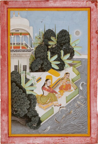 View full screen - View 1 of Lot 188. Two ladies feeding fish, India, Rajasthan, Kota or Devgarh, late 18th/early 19th century .