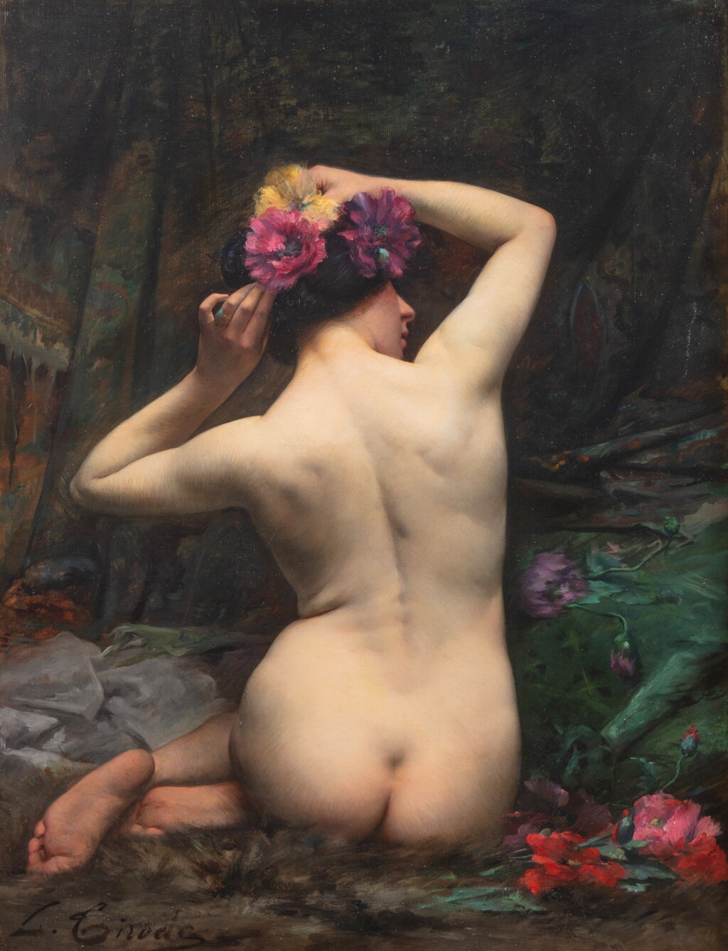 View full screen - View 1 of Lot 43. After a bath, a nude woman with flowers.