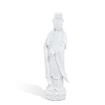A large blanc-de-Chine white-glazed standing figure of Guanyin, Qing dynasty, 18th century | 清十八世紀 德化窰白釉觀音立像 《博及漁人》款