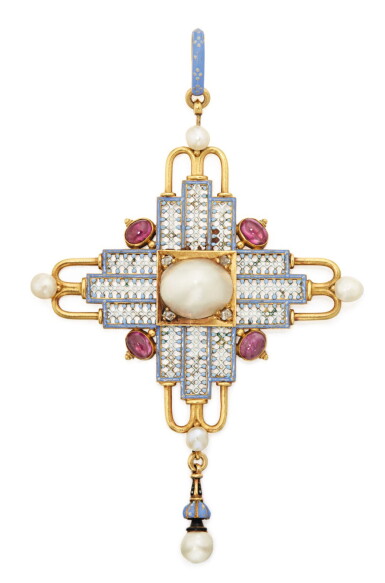 View full screen - View 1 of Lot 46. CARLO GIULIANO | GOLD, PEARL, RUBY, ENAMEL AND DIAMOND PENDANT.