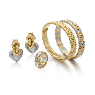 View full screen - View 1 of Lot 122. Bangle, ear clips and a ring | Bracciali, orecchini e anello.