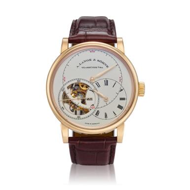 View full screen - View 1 of Lot 295. Reference 760.032F Richard Lange Tourbillon pour le Mérite A pink gold tourbillon wristwatch with chain and fusée and regulator dial, Circa 2014.