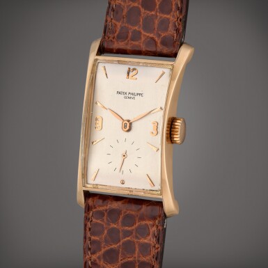 View full screen - View 1 of Lot 286. Reference 1593 Hour Glass | A pink gold rectangular wristwatch, Made in 1955.