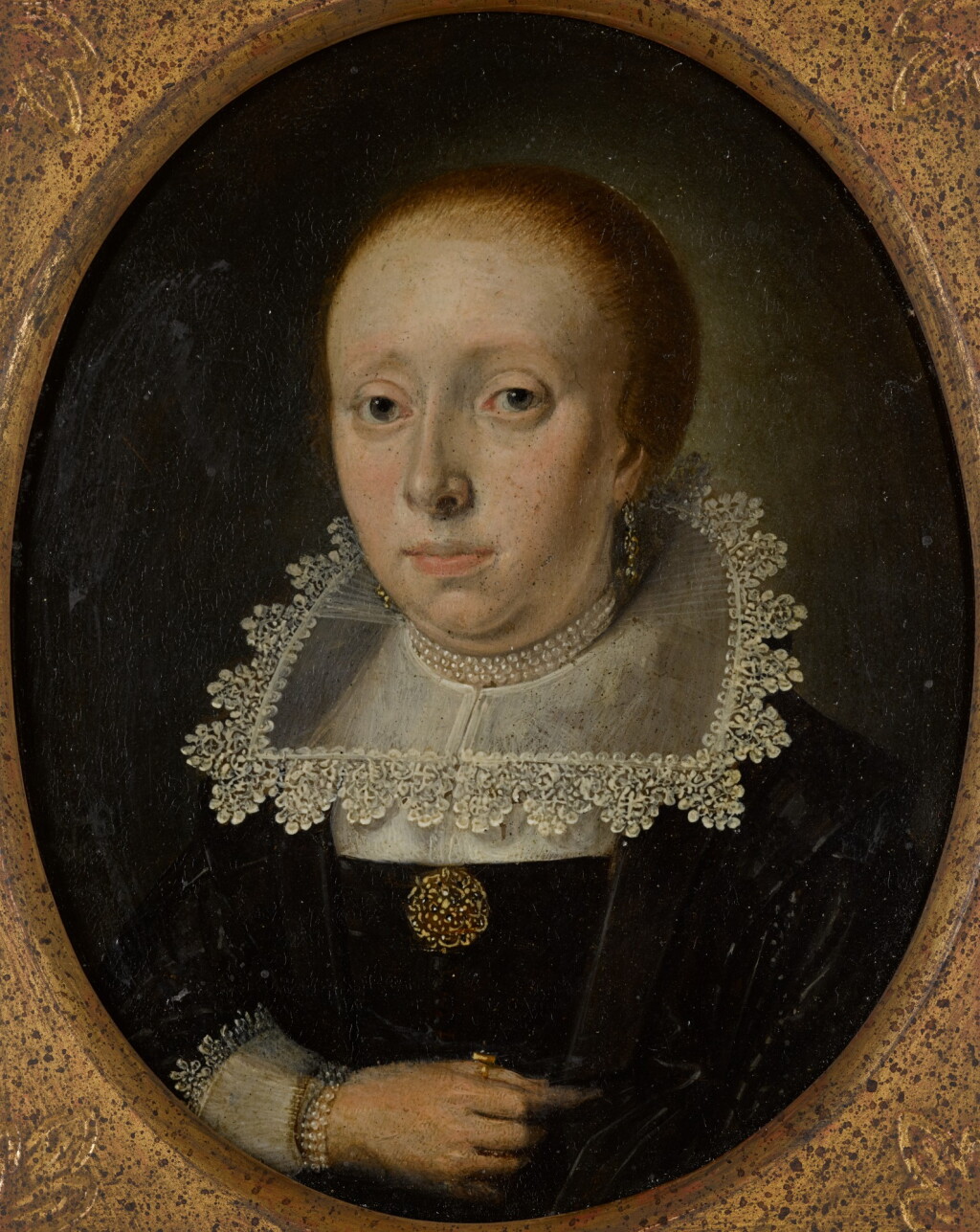 View full screen - View 1 of Lot 98. WOLFGANG HEIMBACH | Portrait of a lady, half-length, wearing black with white lace collar and cuffs.
