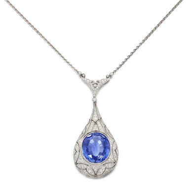 View full screen - View 1 of Lot 838. Sapphire and diamond pendent necklace, circa 1910.