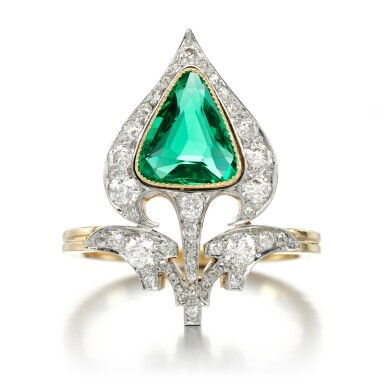 View full screen - View 1 of Lot 9. Emerald and diamond ring, circa 1910.