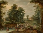 Wooded landscape with travellers, a covered wagon, cattle and horsemen crossing a ford, a village in the distance