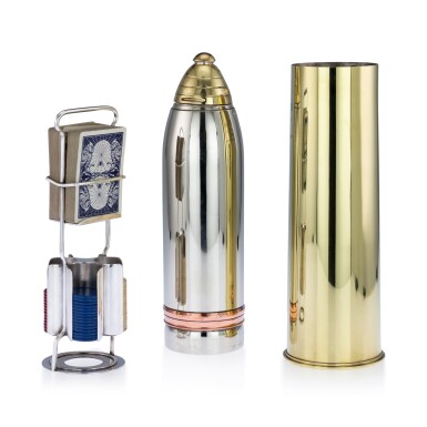 View full screen - View 1 of Lot 114. A VERY LARGE AMERICAN SILVER-PLATED, BRASS AND COPPER GORHAM COCKTAIL SHAKER/CUM PLAYING CARD COMPENDIUM, CIRCA 1915.