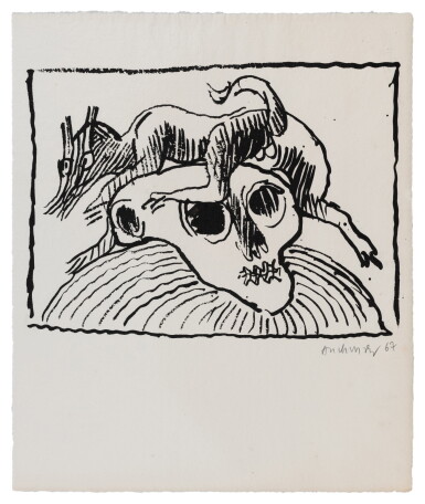 View full screen - View 1 of Lot 175. De la mort. 1967. Dessin original et 4 eau-fortes sur japon et suite en couleurs..