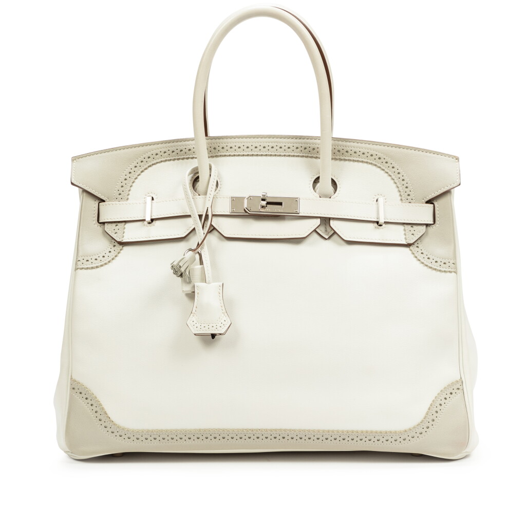 View full screen - View 1 of Lot 689. Limited Edition Gris Perle and Blanc Courchevel Birkin Ghillies 35 Palladium Hardware, 2012.
