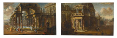 View full screen - View 1 of Lot 150. A pair of capriccio architectural scenes, with elegant figures promenading.