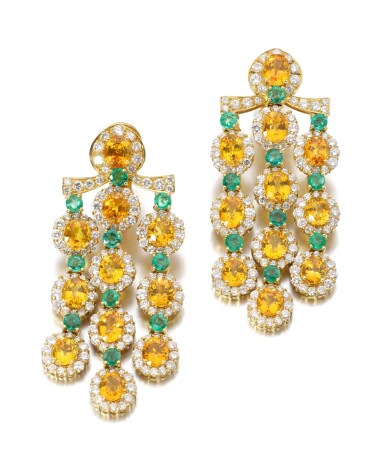View full screen - View 1 of Lot 575. PAIR OF CITRINE, EMERALD AND DIAMOND EARRINGS.