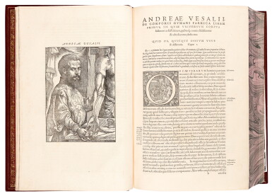 View full screen - View 1 of Lot 55. Vesalius | De humani corporis fabrica, Basel, 1555, modern crushed burgundy morocco.