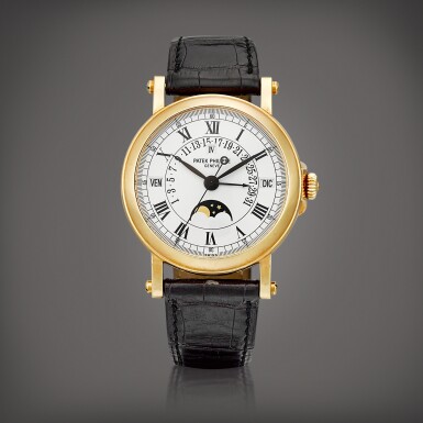 View full screen - View 1 of Lot 730. Reference 5059 | A yellow gold perpetual calendar wristwatch with day, retrograde date, moon phases and leap year indication, Circa 1999 | 百達翡麗 | 型號5059 | 黃金萬年曆腕錶,備逆跳日期、星期、月相及閏年顯示,約1999年製.